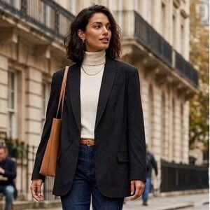 Norma Kamali Boyfriend Jacket Women Large Black Single Button Blazer Career NEW